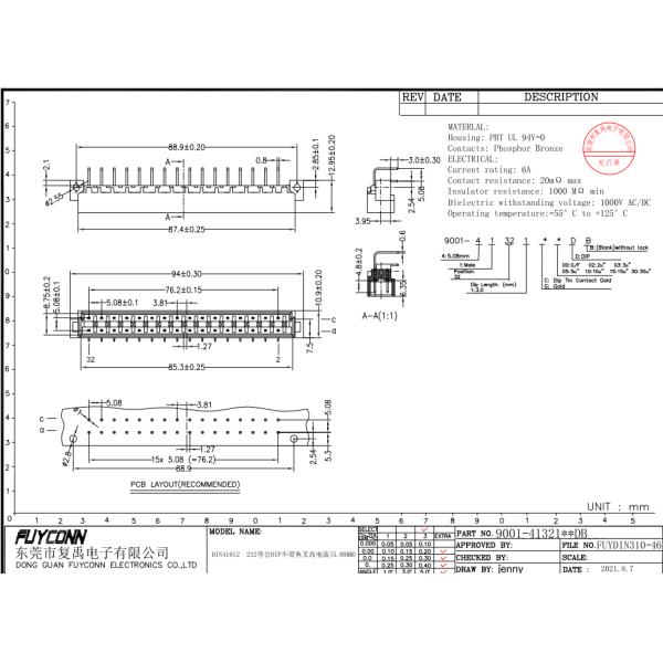 Power Type 32Pin DIN41612 Connector PCB Right Angle 2*16P 32P 5.08mm Male Connector