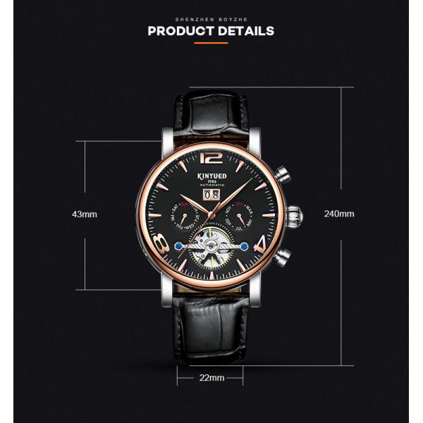 J030-4 KINYUED Mens Automatic Mechanical Watch Tourbillon Leather Waterproof Mechanical Watches