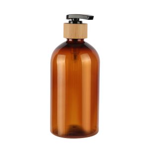 China Natural Bamboo Cosmetic Lotion Bottle Refillable 200ml 300ml 500ml Amber PET Bottle on sale