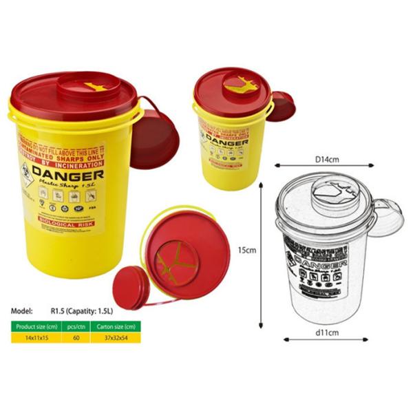 1.5 Litre Sharps disposal container, Sliding Lid, Red,Sharps Container |