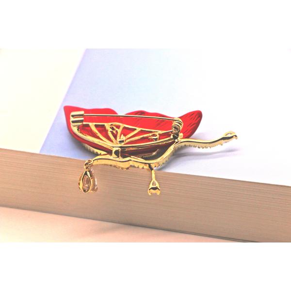 Red Petal Diamond Brooch Pin With Copper Clasp For Clothing