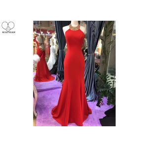 China Gold Mermaid Style Red Dress Hanging Neck Luxury Heavy Beading Hollow Back on sale