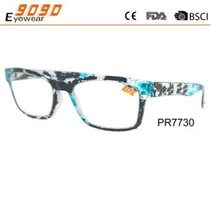 Cheap Classic culling rectangle reading glasses with PC frame , plastic hinge, pattern on the frame and temple for sale