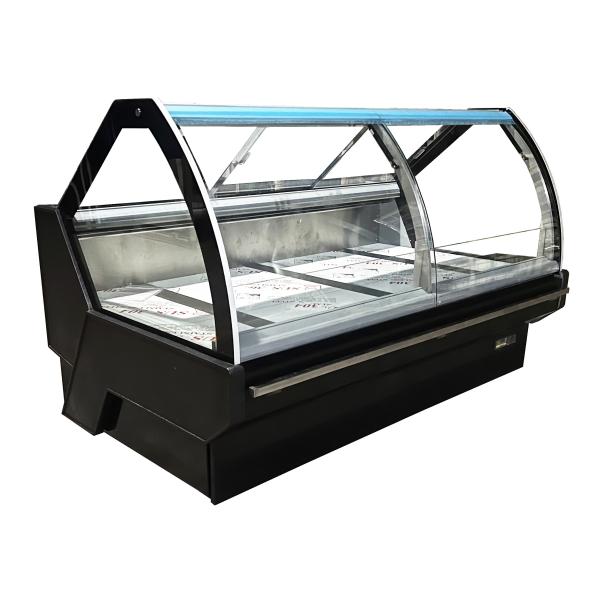 Refrigerated Serve-Over Display Counter Featuring Lift-Up Front Curved Glass