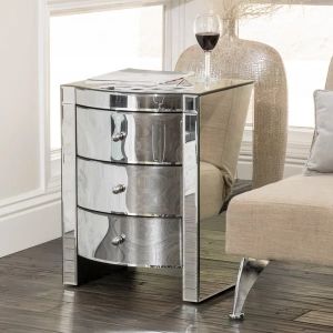 Contemporary 3 drawers silver mirrored nightstand curved design end table corner