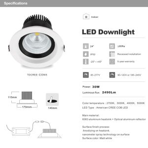 30W LED Downlight 140mm hole 24 degree or 60 degree beam angle CREE COB LED lamp