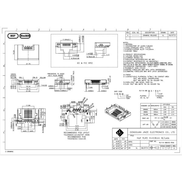90 Degree Mid Mount PA9T RJ45 Female Connector Socket Modular Jack H4.8mm