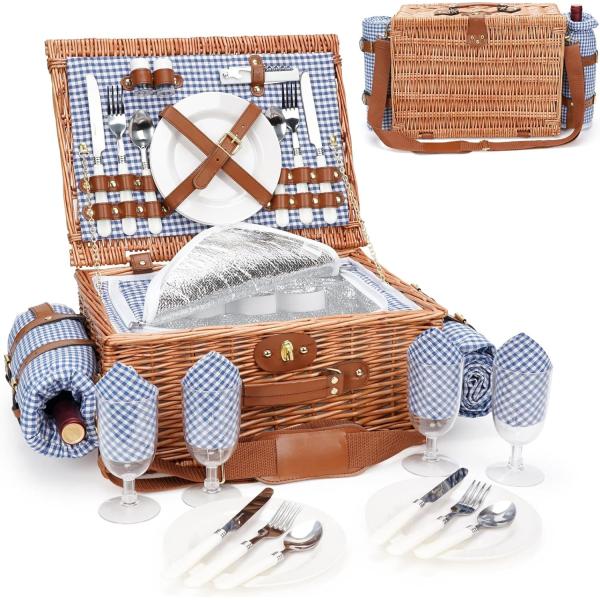 Wicker Picnic Basket with Lid and Handle Sturdy Woven Body with Washable Lining for Easter,Mother's Day,Outdoor Camping