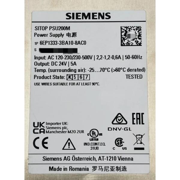 SIEMENS 6EP1333-3BA10-8AC0 SITOP PSU200M PLUS 5 A STABILIZED POWER SUPPLY INPUT: