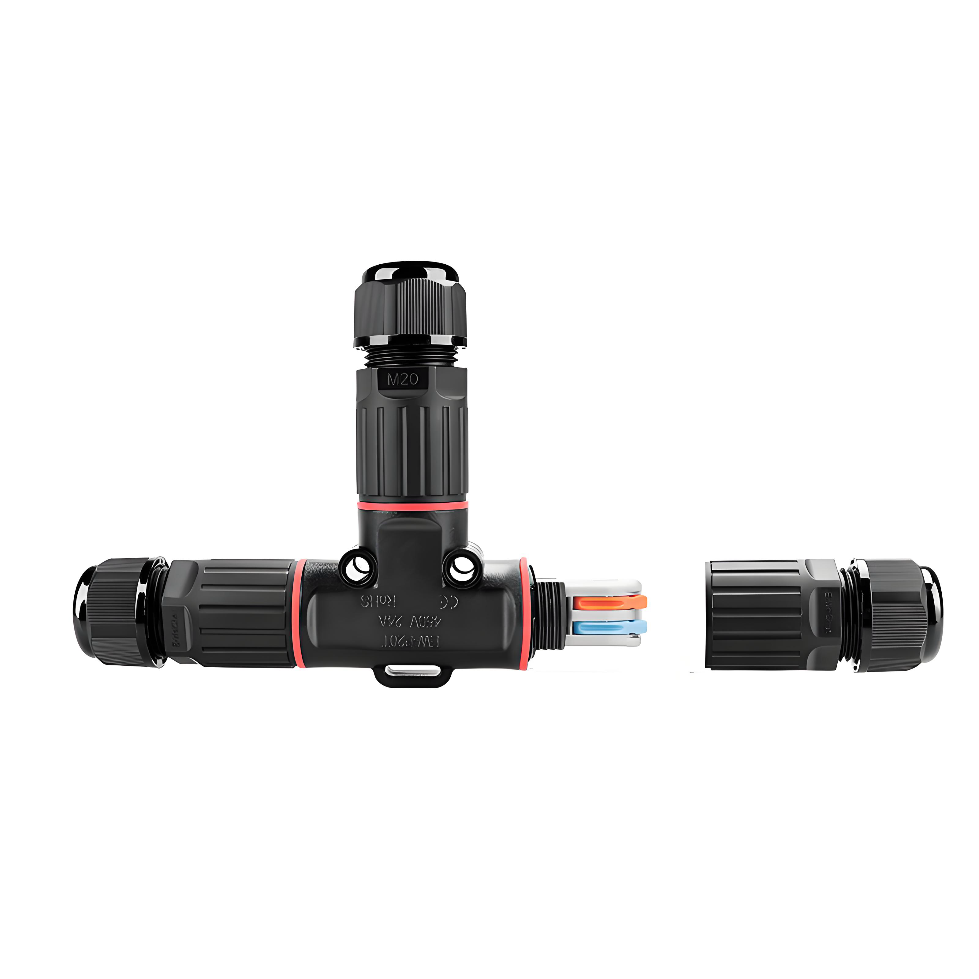Cheap Waterproof Circular Connector T-Type 1 Input 2 Output with PA66 Material and 0.5mm²-2.5mm² Wire Gauge for sale