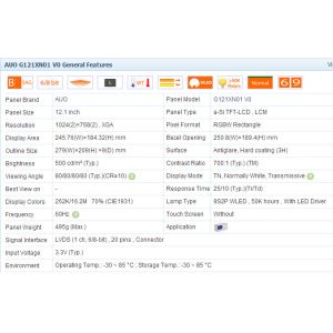 AUO 12.1 Inch Car Lcd Display 500 cd/m2 Brightness LVDS 20 Pins