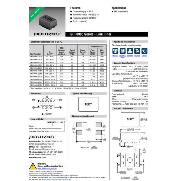 SRF0905-251Y 250 µH 100 kHz 2 Line Common Mode Choke 600 Ohms 3 MHz 1.2A 130mOhm