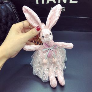 Rabbit Shape Plush Keychain Toys Pink / Blue Color Custom Size With Lace Skirt