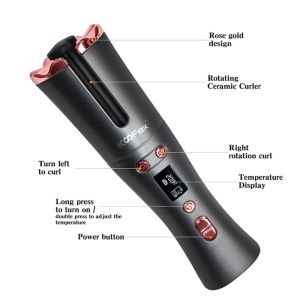 Rotating Ceramic Wireless Hair Curler Portable 6 Temperature LCD Display