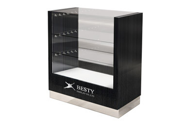 Timber veneered MDF Flat showcase featuring LED lighting and Three Layers of