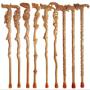 Rubber Tip Hand Carved Wooden Hiking Sticks T Handle