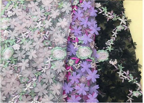 Quality 3D Flower Embroidered Stretch Mesh Fabric , Coloured Tulle Lace Fabric wholesale