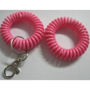 China Lovely solid pink color sprial wrist band coil key chain with split ring&thumb metal hook on sale