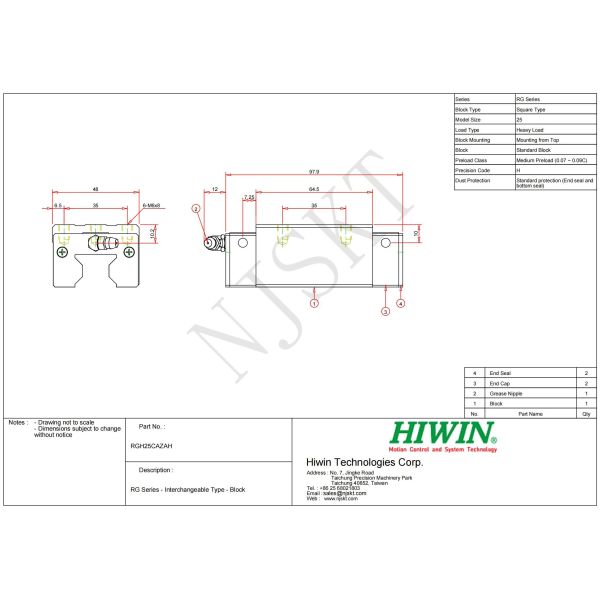 HIWIN RGH25CA Linear Guide Rail Block Linear Ball Bearing Slides 25mm Size