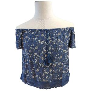 China Plain dyed Laceup Ruffles Floral Print O Neck Shirt For Ladies on sale