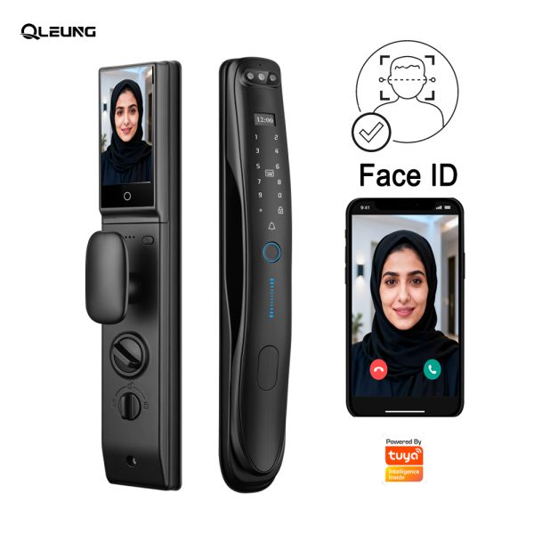 Quality QLEUNG 3D Face Recognition Door Lock Fingerprint Card Code Access Tuya Active Video Calling WiFi Access Control Digital Lock wholesale