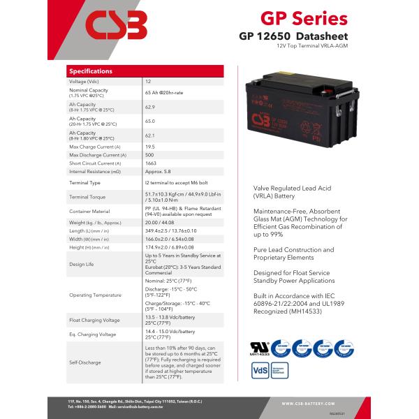 CSB GP12650 12V 65Ah Energy Storage Rechargeable VRLA 12V 65Ah CSB Battery