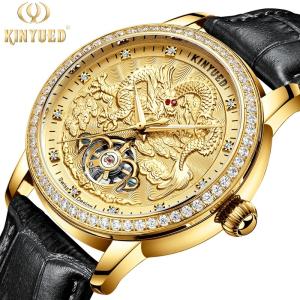 China Gold Dial Leather Wrist Watch Wind Up  Dragon Embossed Water Resistant on sale