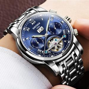 Wind Up Waterproof Mechanical Watch Elegant Appearance Blue Dial