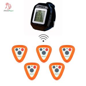 wireless waiter or waitress watch pager for receiving desk call number and offer