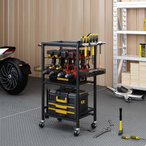 Garage Tool Shelf Drill Holders Power Tool Organizer with Wheels and 8 Drill