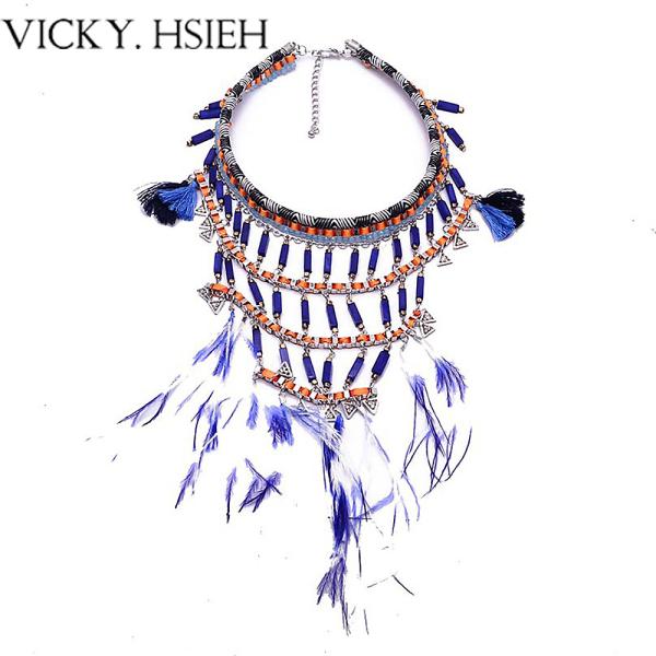 Quality VICKY.HSIEH Fashion Rhodium Tone Fabric Wrapped Chain Feather Tassel Statement Choker Necklace wholesale