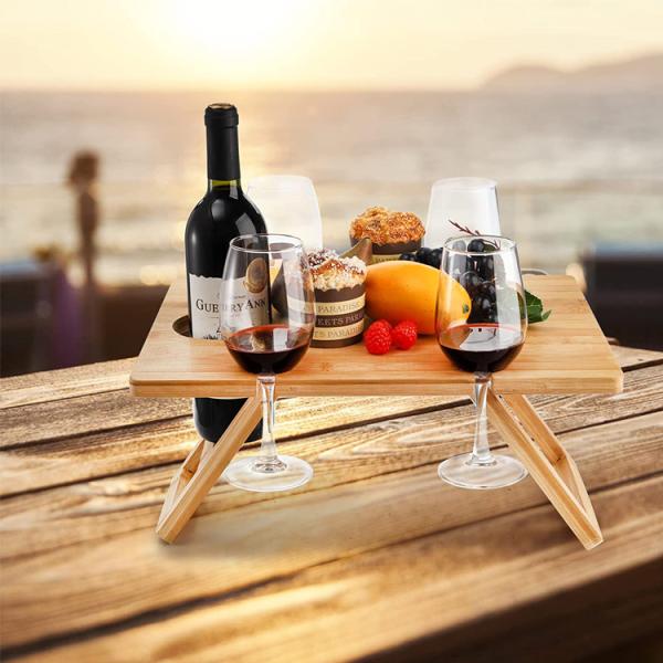 Portable Outdoor Indoor Wooden Bamboo Folding Picnic Tray Table for Snacks and Wine