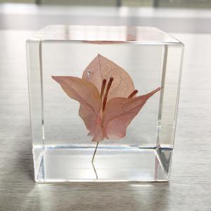 transparent cubic shaped resin paper weight with real dry flowers for home and