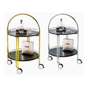 China Round Liquor Mahogany Finish Wood Room Service Equipments for Wine and Beverage with 4 Casters on sale