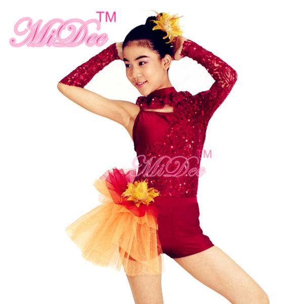 Quality Asymmetrical Jazz Dress Costumes One Sleeve Sequin Lace Dance Leotards Spandex Short With Side Suttles wholesale