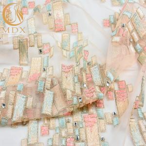 Tulle Beaded Embroidered Lace Fabric 140cm Width Customized With Rhinestones