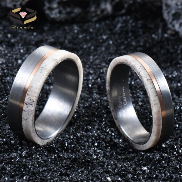Unique and Eye-catching 8mm Handmade Natural Deer Antler Ring Inlay Rose Gold Circle Tungsten Wedding Rings for Men