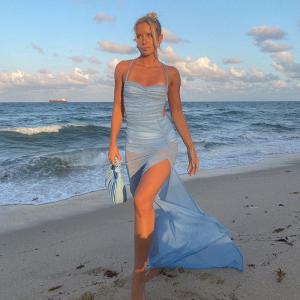 China Solid Color Womens Party Maxi Dresses Hollow Sling Lace High Slit on sale