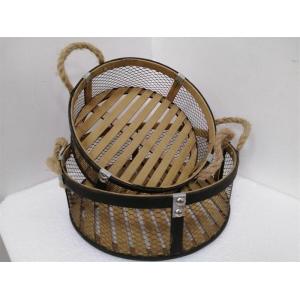 12.8 Inch Bamboo And Metal Food Storage Basket With Rope Handle Tray