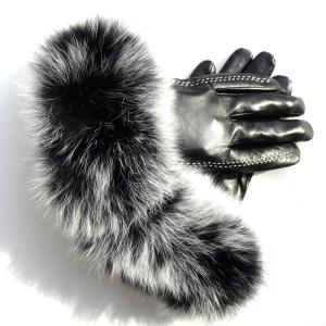 Touch Screen Sheep Womens Soft Leather Gloves With Fluffy Fox Fur Trim Cuff