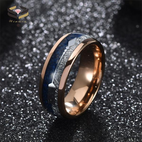 8mm Tungsten Lapis Wedding Band With Rose Gold Dome And Silver Arrow Inlay