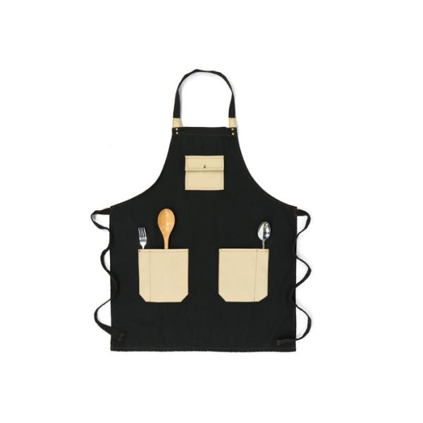 Quality Dark Black Denim Cooking Apron With PU Leather Pockets And Nice Back Tie wholesale