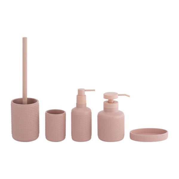 Quality Polyresin bathroom set round shape with small dots toilet bowl brush soap dish for bathroom wholesale