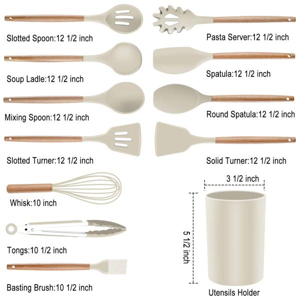Non-stick Silicone Kitchen Utensils Wooden Handle with Holder Spatula Spoon Turner Tongs