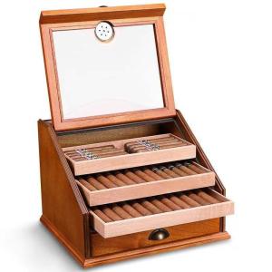 Double Layer Glass Top Cigar Box with Piano Lacquer Finish and Natural