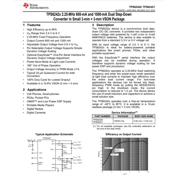 TPS62420DRCR Switching Regulator IC Positive Adjustable 0.6V 2 Output 600mA 1A