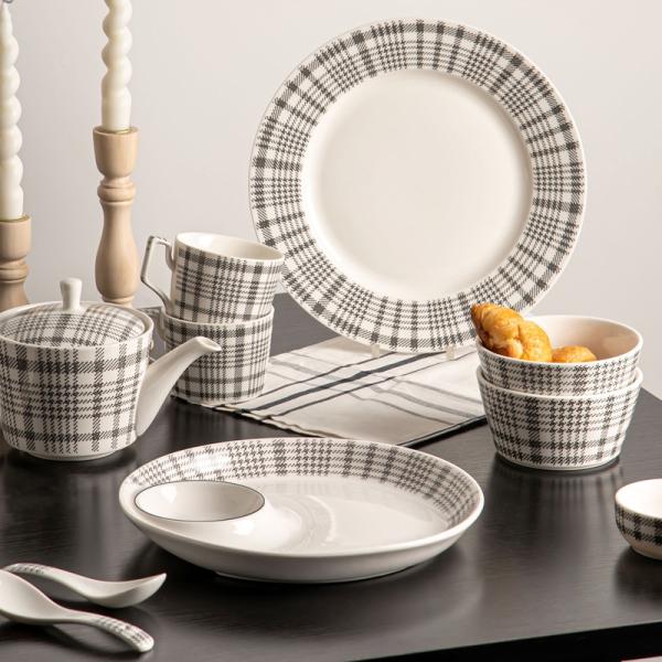 Ceramic Nordic Style Luxury Tableware Porcelain Plant Pattern Dinnerware For 8 People