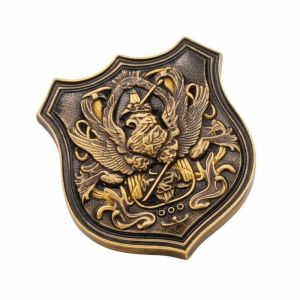 China Shield Shape Antique Die Struck Pin Single Post Metal Badge Custom Lapel Emblem Decorative Vintage Collectible Accessory on sale