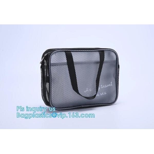 Quality multi-purpose washable portable breathable 3 pcs polyester mesh travel cosmetic bag, Mesh Zipper Black Makeup Pouch Cosm wholesale