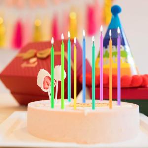 Greetings Birthday Candles, Multicolored Long Thin & Happy Birthday Text On